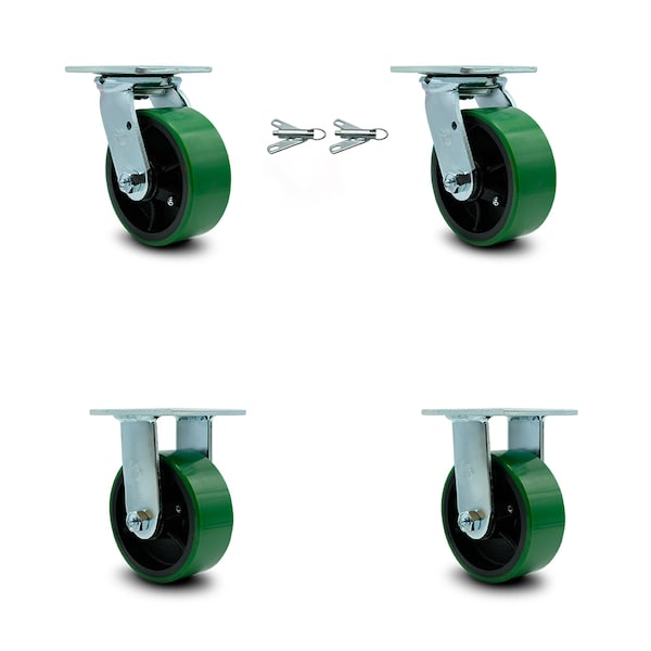 5 Inch Green Poly on Steel Caster Set with Ball Bearings 2 Swivel Lock 2 Rigid